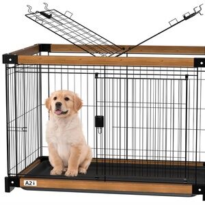 Wood Dog Crate Cage Removable Cleaning Tray Kennel Double Doors 30"x 21"x 23"